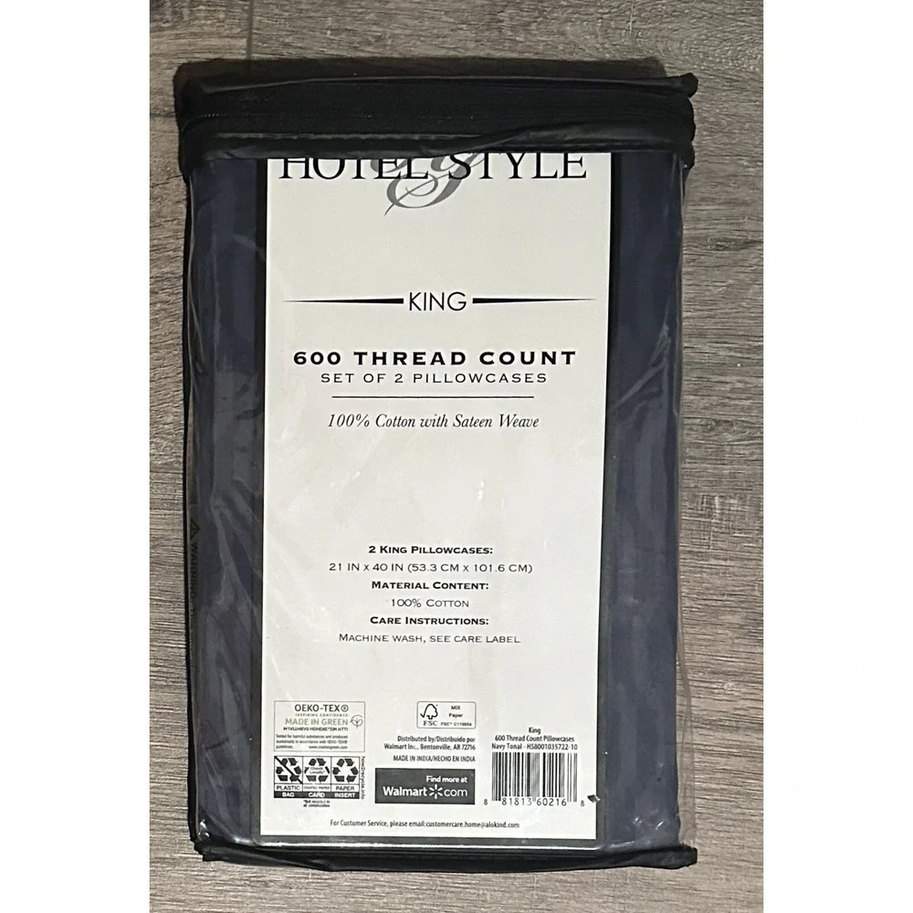 New Hotel Style 600 Thread Navy Tonal Cotton Sateen-Weave Pillowcase, 2-King